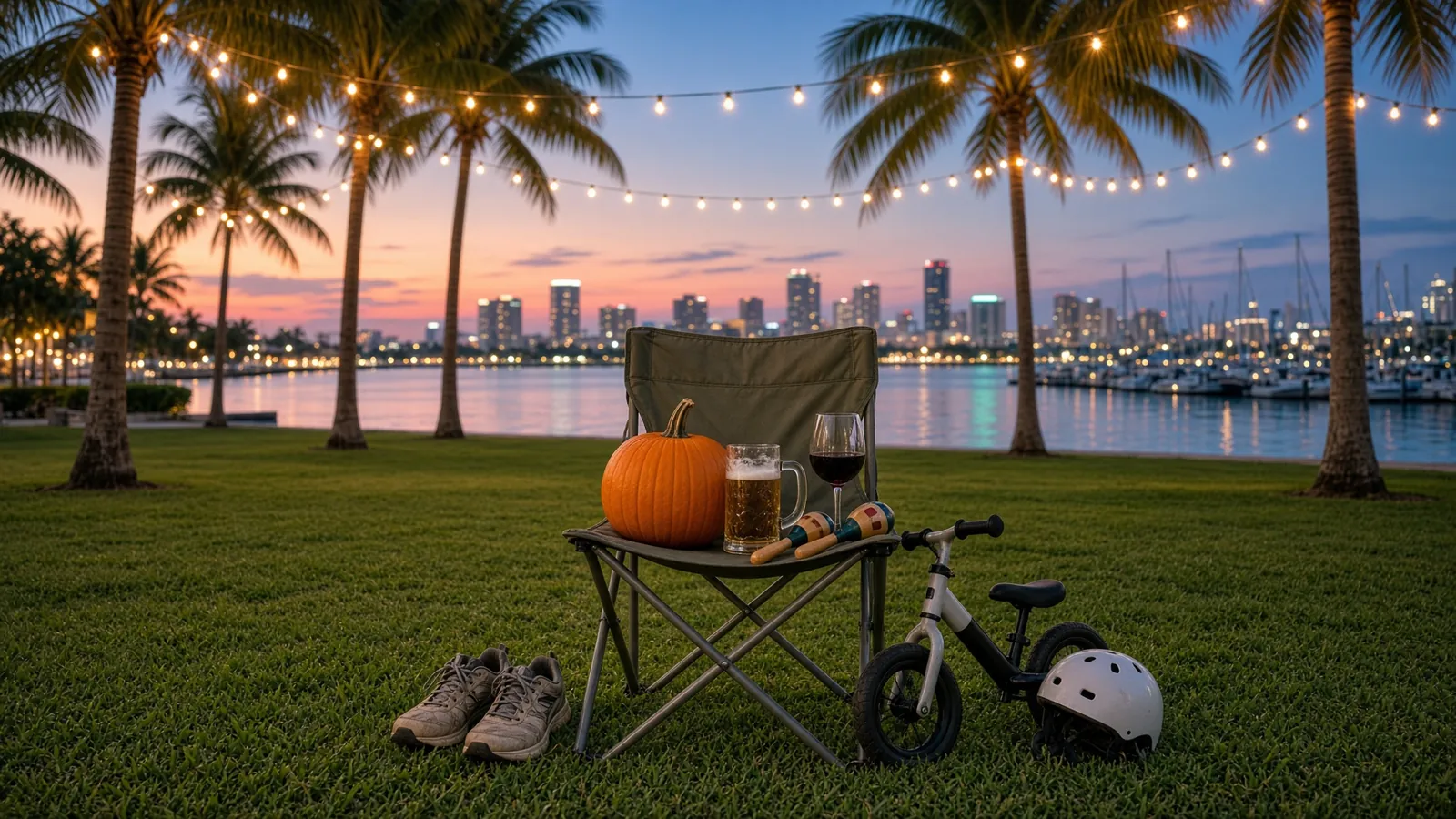 Folding lawn chair on a bayfront lawn at dusk holding a pumpkin, beer stein, red wine and maracas, with a toddler balance bike beside it under string lights