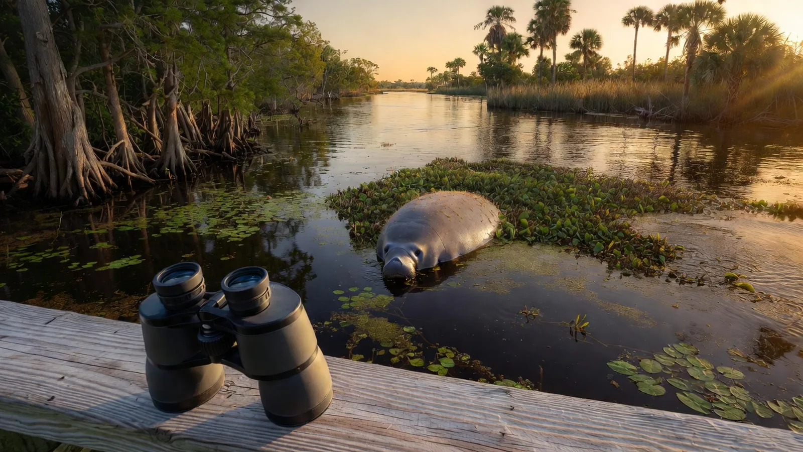 Binoculars on a wooden boardwalk rail above a calm Florida river at golden hour, a manatee surfacing below
