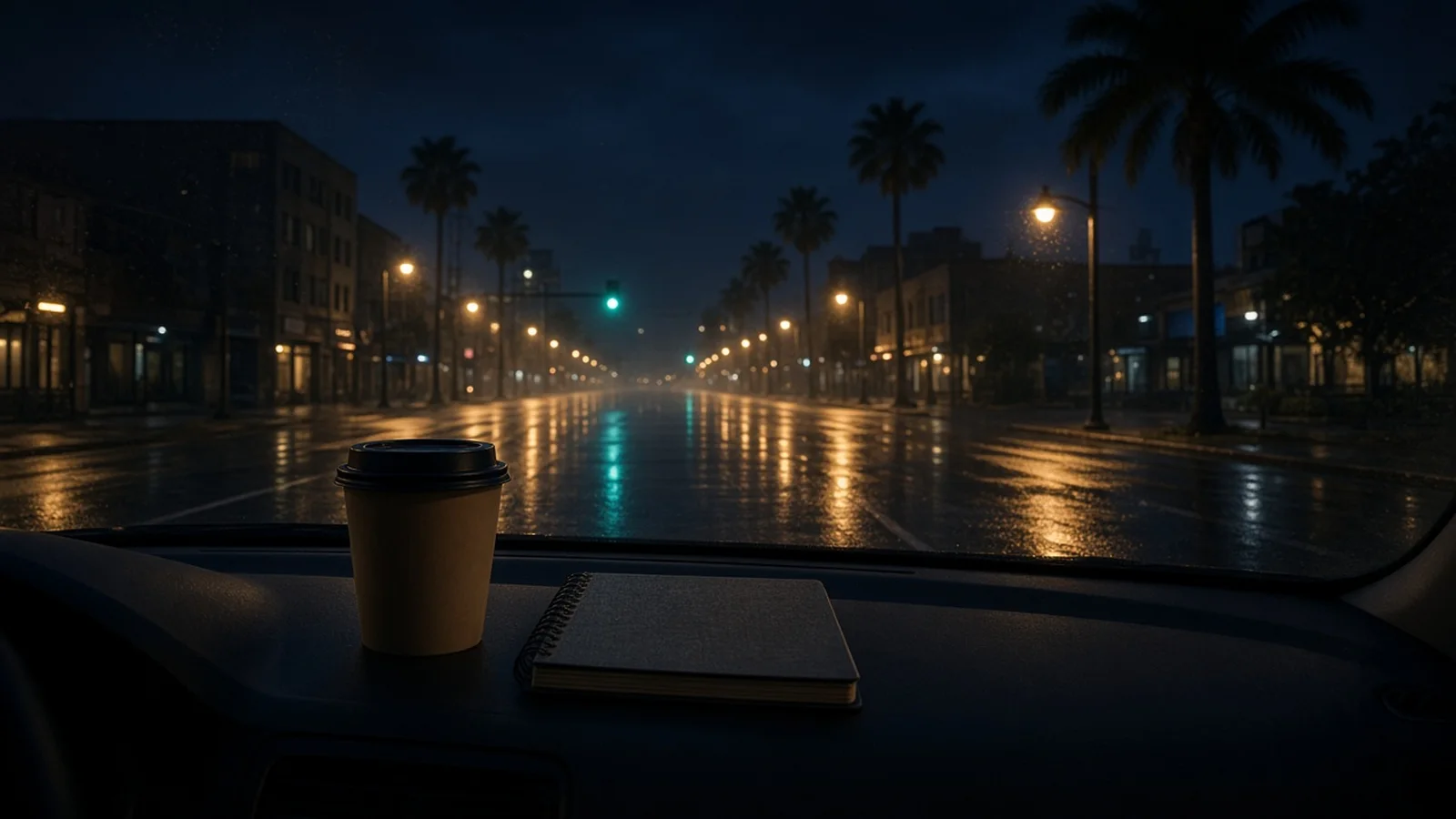 Coffee cup and spiral notebook on a dark dashboard facing a rain-wet downtown street with palms and amber streetlights