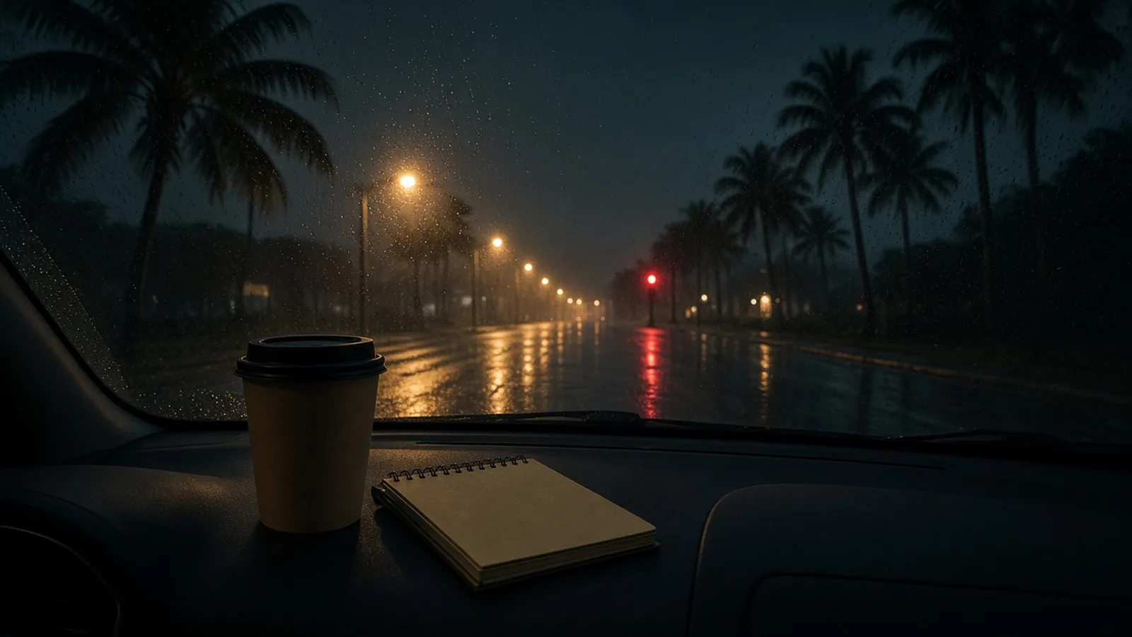 Coffee cup and notebook on a dark dashboard facing a rain-wet palm-lined road under amber streetlights at night