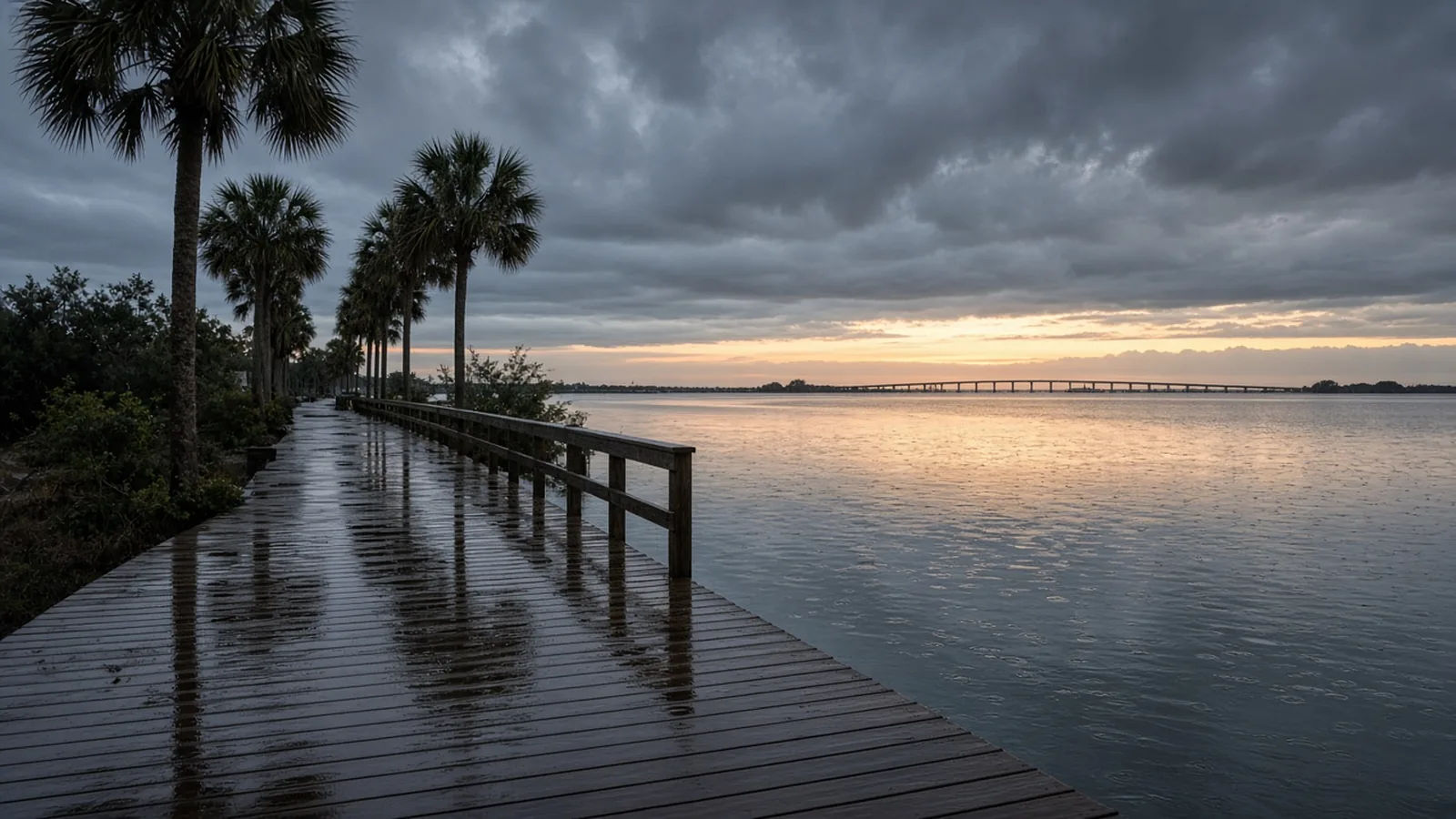 Rain-soaked wooden boardwalk lined with palm trees beside a calm bay, with heavy gray clouds and a thin band of sunrise over a distant bridge