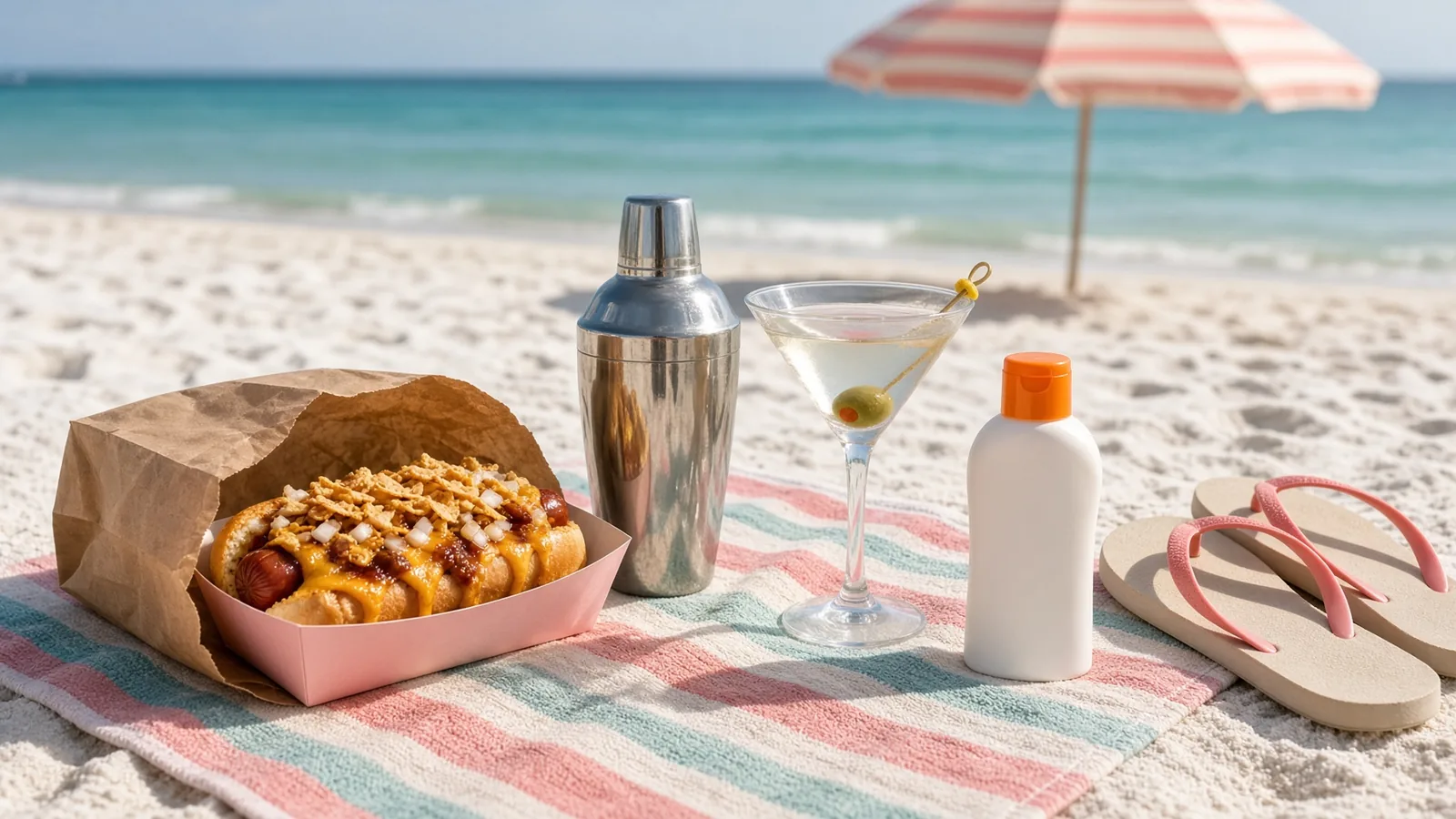 Chili cheese hot dog in a pink paper tray on a striped beach towel beside a cocktail shaker and martini