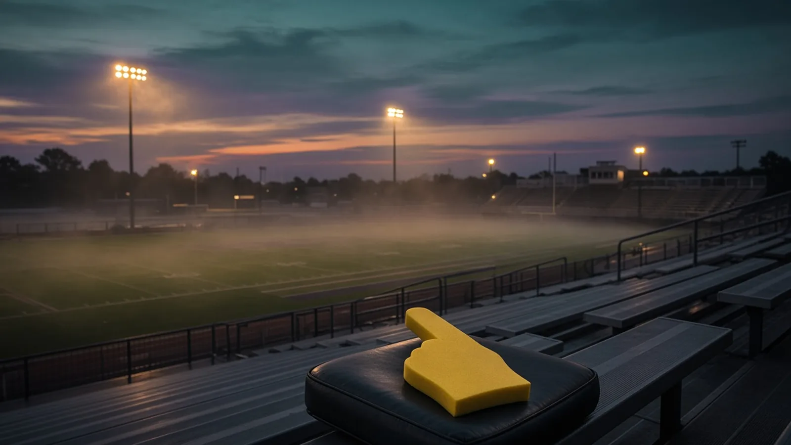 Yellow foam finger lying on a stadium seat cushion in empty bleachers at dusk, field lights on