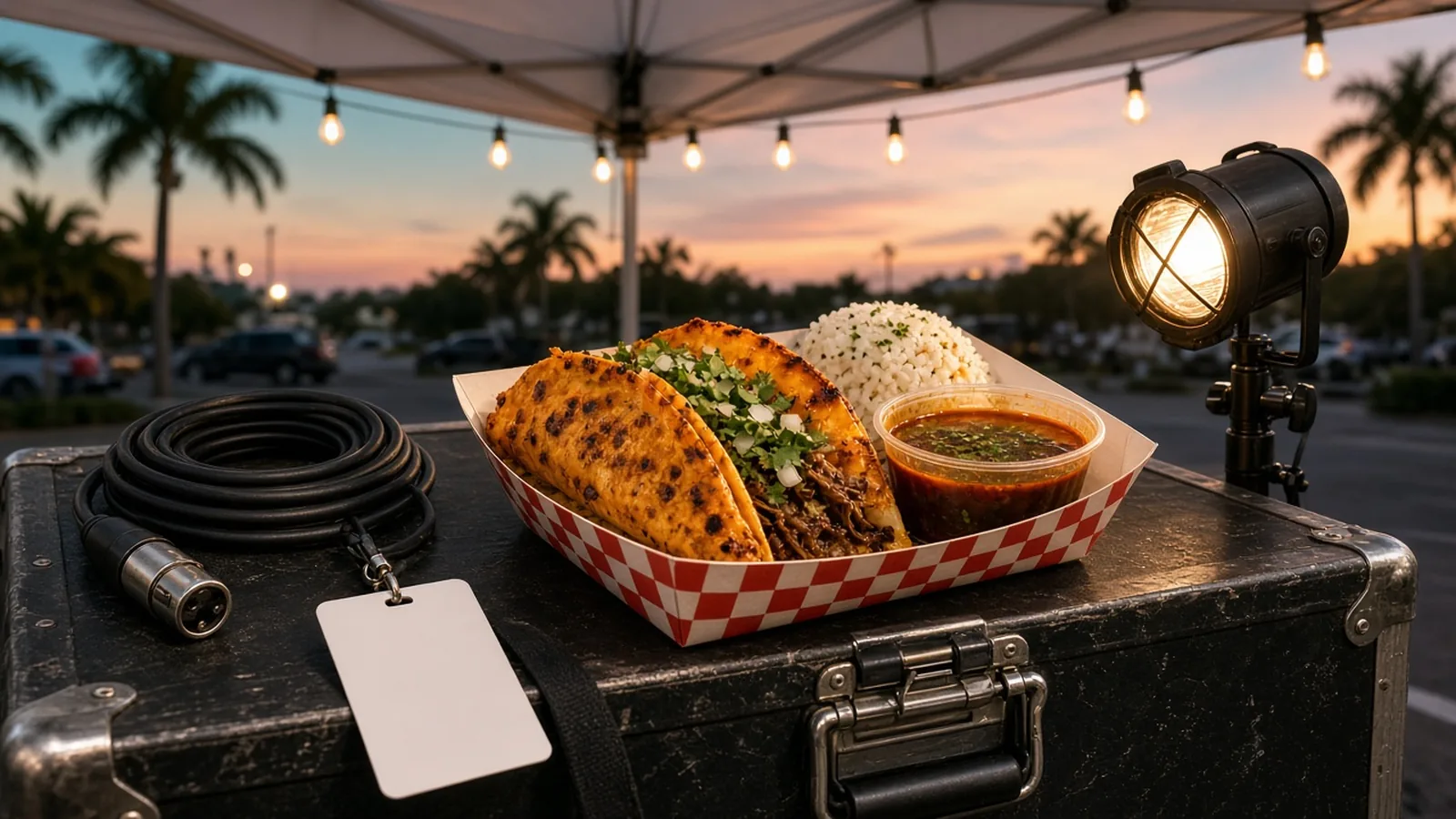 Two birria tacos and a cup of consommé on a black road case under string lights at dusk