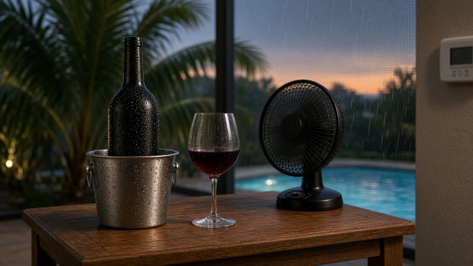 A sweating bottle of red wine in an ice bucket on a rainy Florida lanai, with a desk fan pointed straight at it