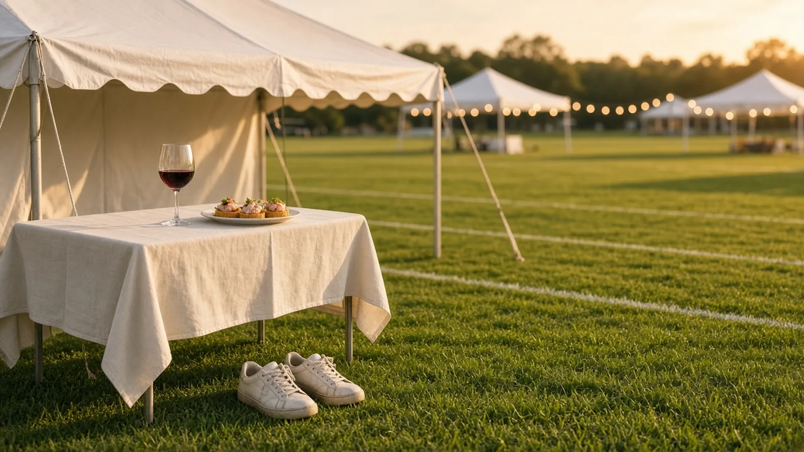 Wine glass and small tasting plate on a folding table at an outdoor festival tent beside a pair of sneakers on the grass