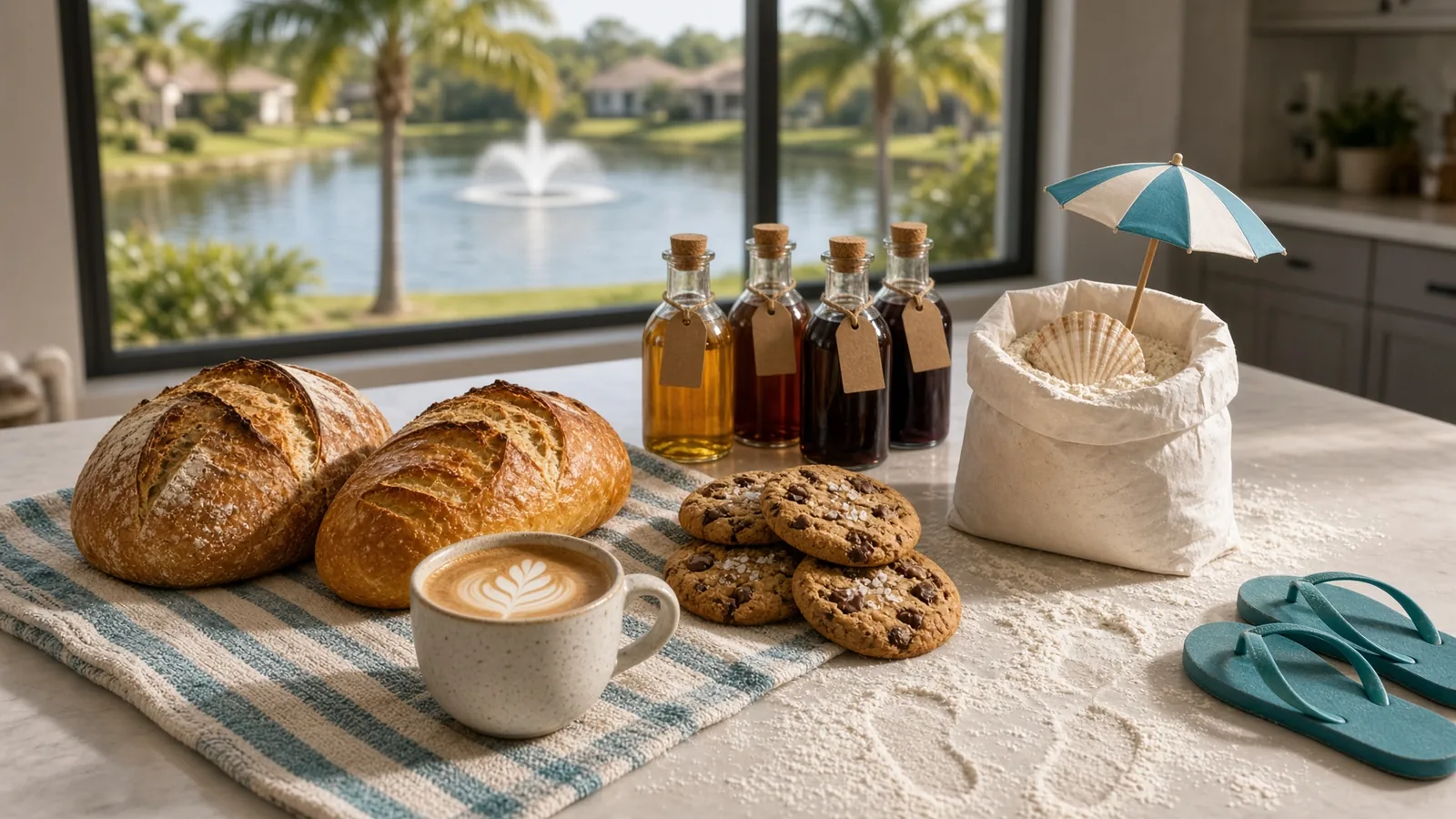 Sourdough loaves, syrup bottles, cookies and a latte on a striped towel, a tiny beach umbrella in a flour bag, pond fountain outside