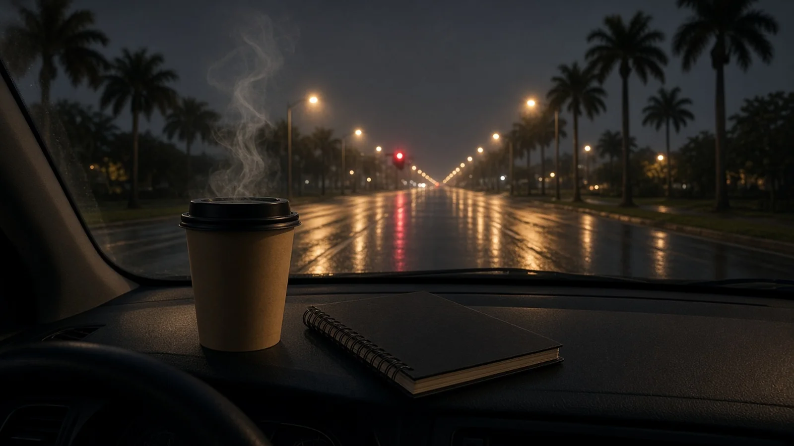 Paper coffee cup and spiral notebook on a dark dashboard facing an empty rain-wet palm-lined road under amber streetlights