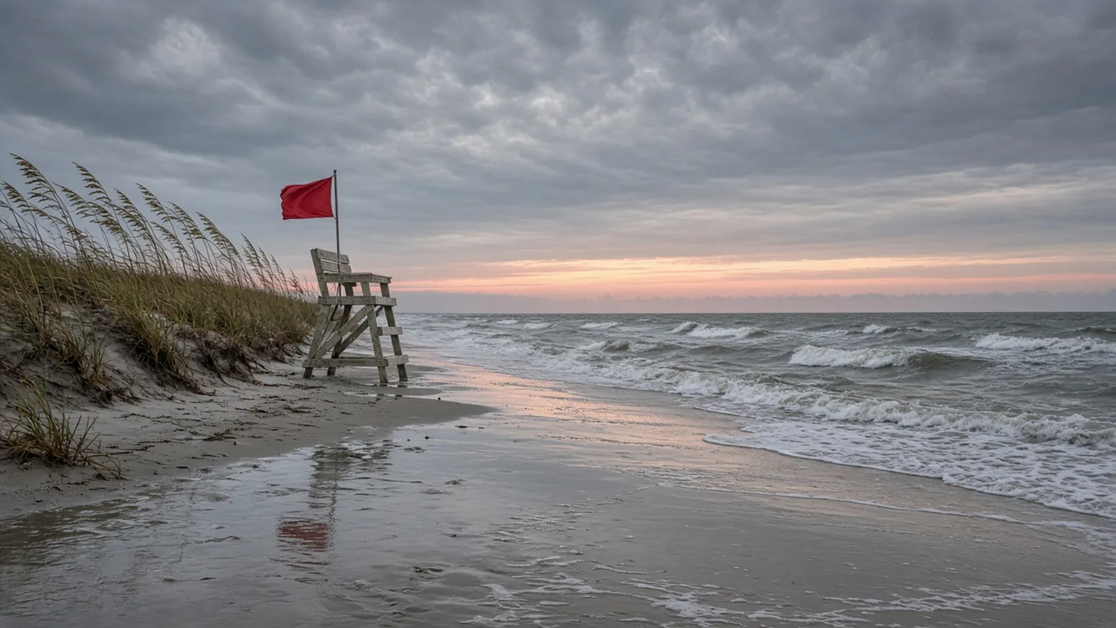 Empty wooden lifeguard stand with a red flag on a rain-soaked Gulf beach at dawn, with choppy surf, sea oats on the dune and heavy gray clouds over a thin pink sunrise