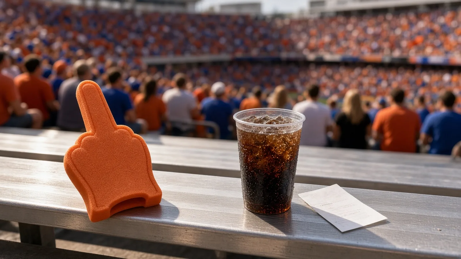 Florida college stadium on a sunny Saturday with an empty bleacher row, a foam finger and a printed betting slip on the seat