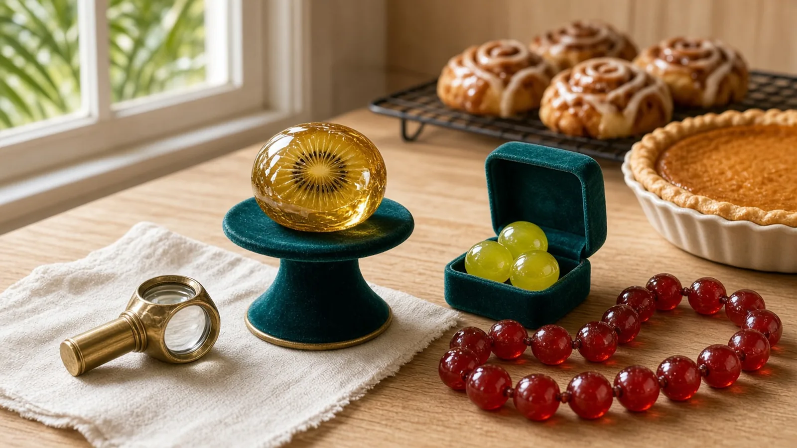 A candy-coated kiwi on a velvet jewelry stand beside a jeweler's loupe and candied grapes, sunny kitchen counter