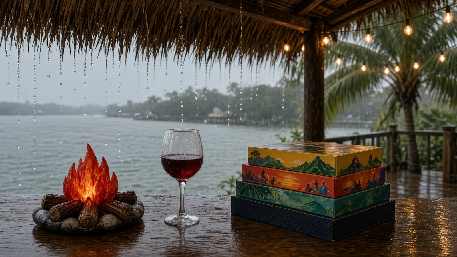 Covered tiki bar table on a rainy bayfront with an inflatable campfire, a wine glass and a stack of board games