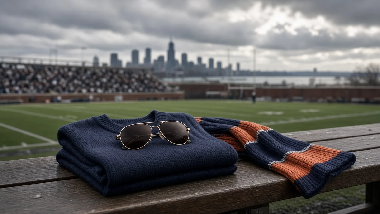 A navy sweater, aviator sunglasses and a Bears-colored scarf on a sideline bench, with the Chicago skyline behind the stadium