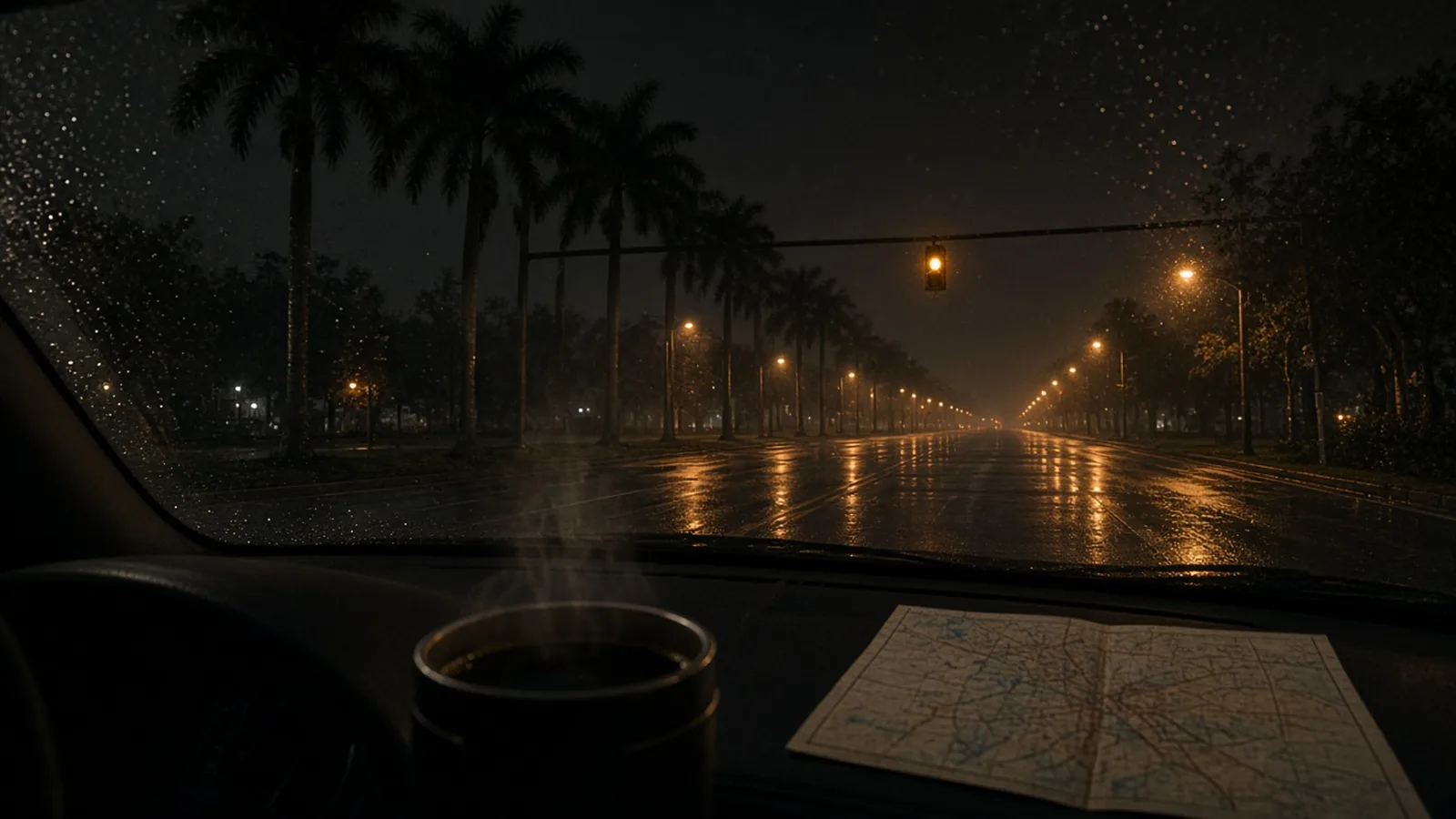 Steaming coffee cup and folded paper map on a dark dashboard facing a rain-wet palm-lined road under amber streetlights