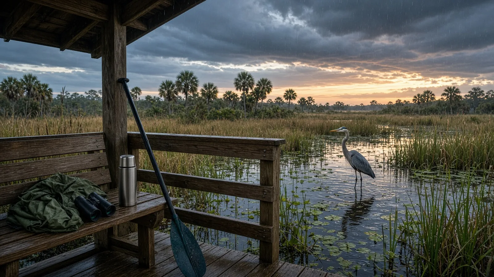 A great blue heron stands in a rainy marsh beside a covered boardwalk where binoculars, a thermos and a kayak paddle wait
