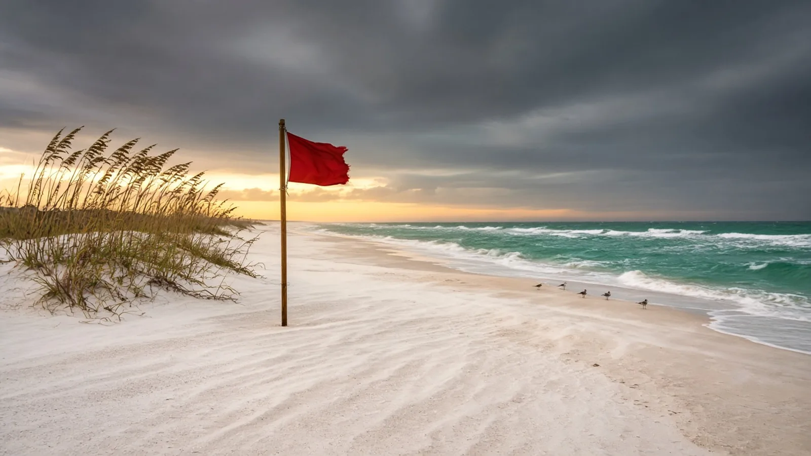 Red warning flag snapping in the wind on a wide white-sand Gulf beach at dawn, with sea oats bending on the dune, whitecaps on turquoise water and dark storm clouds above a band of golden light